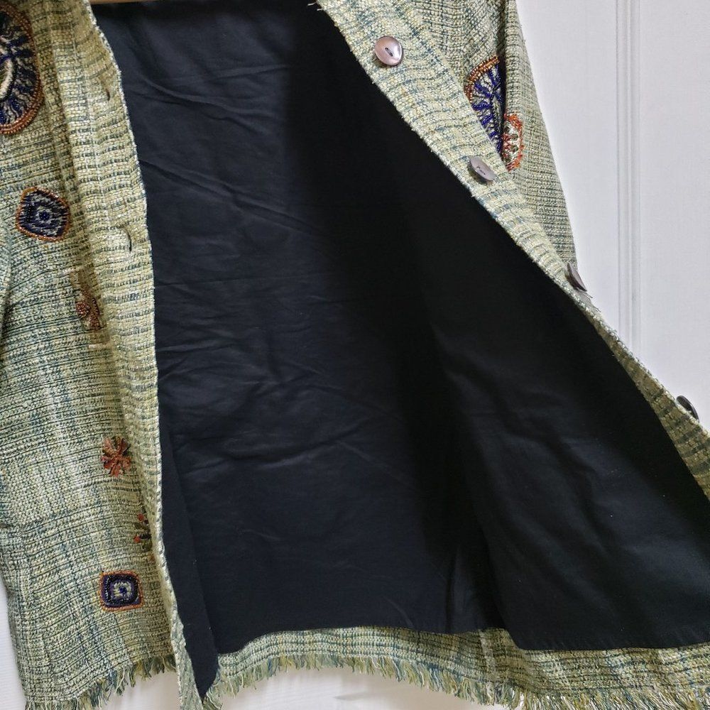 Chico's Green Multi Plaid Silk Blend Embroidered Beaded Fringe Tweed Blazer Sz S - Picture 11 of 14
